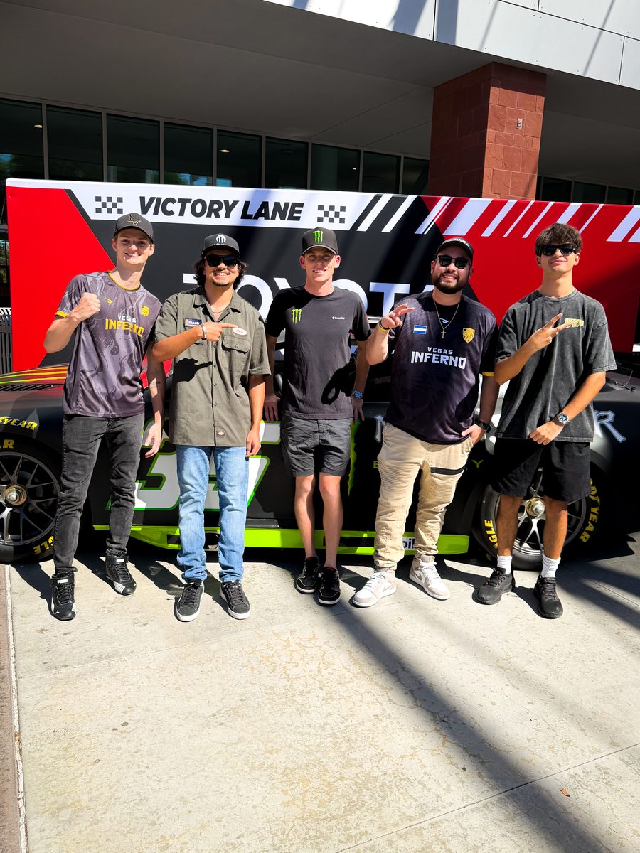 Riley Herbst with the Vegas Inferno crew in Victory Lane