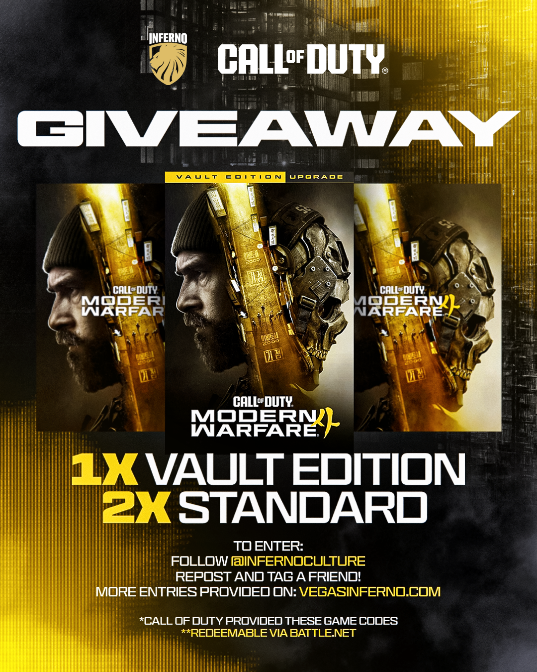 Inferno x Call of Duty giveaway: Modern Warfare 4, 1x Vault Edition, 2x Standard
